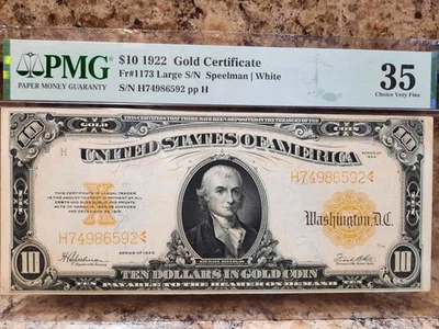 1922 $10 Dollar Gold Certificate Fr.1173 PMG 35 Very Fine - Image 1 of 2