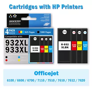 932XL 933XL Ink Cartridges Combo 4 Pack Compatible with HP Officejet 6100 7110 - Picture 1 of 14