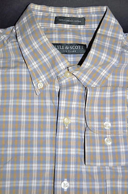 Lyle & Scott Checkered Plaid Button down Shirt L Scotland Combed Cotton Tan Blue - Image 1 of 4