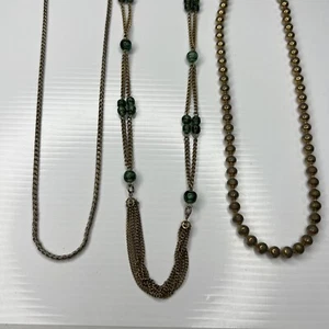 H1 Lote Cadenas Doradas Cuentas Boho Hippie Años 70 Vidrio Verde Retro Collares 20” - Imagen 1 de 7