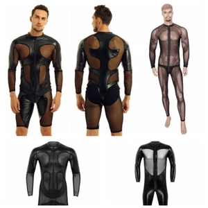 Mens PVC Leather Mesh Splice Leotard Bodysuit Zipper Full Body Jumpsuit Catsuit - Picture 1 of 33