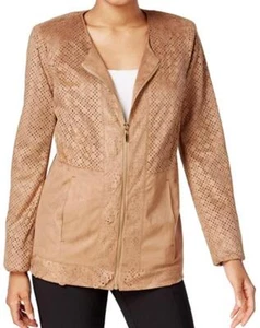 Chaqueta de corte láser de gamuza sintética para mujer JM Collection marrón manga larga grande - Imagen 1 de 9