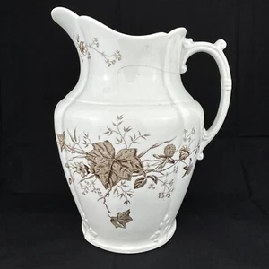 Antique WHITE IRONSTONE PITCHER Brown & White Transferware Flowers Old Vintage - Picture 1 of 9
