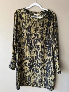 Nili Lotan 100% Silk Long Sleeve Khaki Green Black Mini Shift Dress Size L - Picture 1 of 6