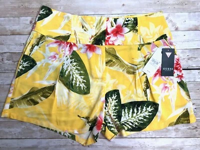 Pantalones Cortos GUESS 100% Rayón Fluidos Plisados Florales Tropicales Hawaianos AMARILLO Talla M Foto 1 de 4