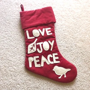 Pottery Barn Christmas Stocking Love Joy Peace 20”x 12” Red Velvet Wool Applique - Picture 1 of 8