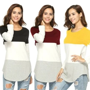 Womens Round Neck Tops Blouse Ladies Long Sleeve T Shirts Pullover - Picture 1 of 16