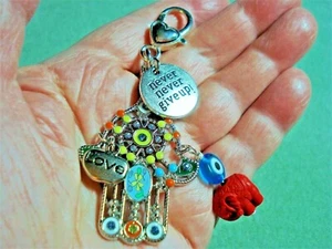 3 5/8" Hamsa "Love" & "Never Never Give Up" Good Luck & Evil Eye Key Ring Glitz - Picture 1 of 13