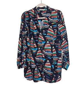 Weiche Umgebung mehrfarbig abstrakter Druck Knopfleiste Oberteil Segelboote Neuheit S - Bild 1 von 8