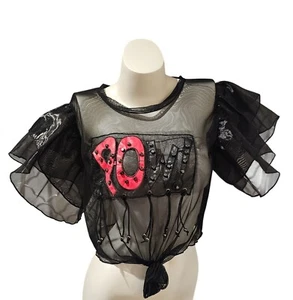 POW Designer Mesh Crop Top Puff Sleeves Sz S COS Punk Grunge Urban Whimsical - Picture 1 of 8