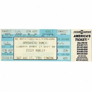 ZIGGY MARLEY Concert Ticket Stub PARKSVILLE NY 8/12/91 ARROWHEAD RANCH BOB Rare - Picture 1 of 2