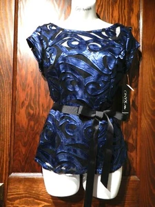 ONYX blue satin black cutout mesh sequined damask evening blouse top formal S 4B - Picture 1 of 5
