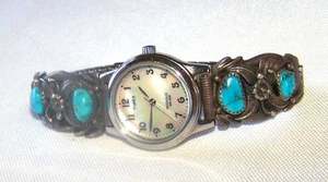 Vintage Navajo Indianer J Sterlingsilber Türkis Spitzen Timex Indiglo Uhr läuft - Bild 1 von 8