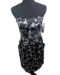 David's Bridal Mini Dress Cocktail White Black Floral Strapless Pockets Size 6 - Picture 1 of 12