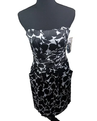 Mini Vestido de Novia David's Cóctel Blanco Negro Floral Sin Tirantes Bolsillos Talla 6 Foto 1 de 4