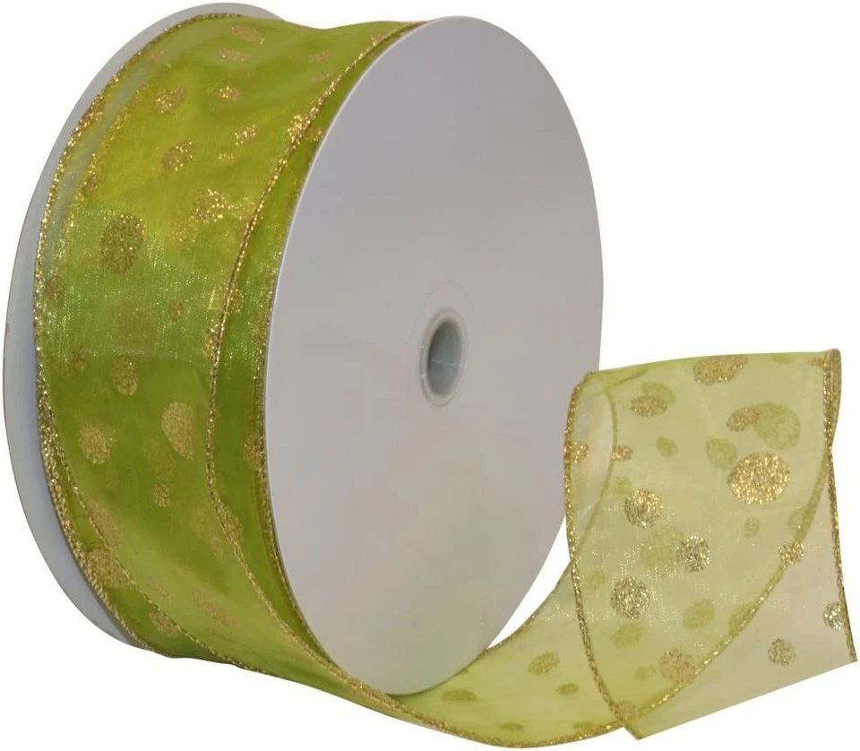 Gold Sparkle Polka Dot Sheer Green  2.5" Wide Wired Ribbon Morex 50 yds spring - Image 1 of 1