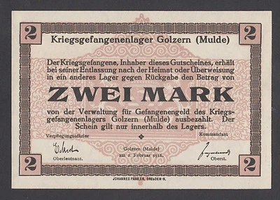 🔴GERMANY  2 Mark 1916  UNC   POW -  WWI Concentration Camp  GOLZERN  wmk type 1 - Image 1 of 3