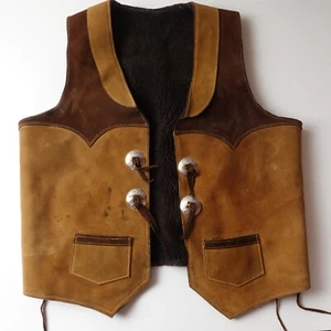 Vintage 70s Cowboy Vest Men's Suede Leather Sherpa Lined Western Size Medium - Picture 1 of 21