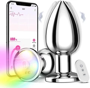 Light Up Vibrating Metal Butt Plug Anal Toy With App Remote Couples Women Men - Picture 1 of 7