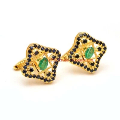 Gemelos chapados en oro de plata de ley 925 con piedras naturales de esmeralda y zafiro #849 Foto 1 de 4