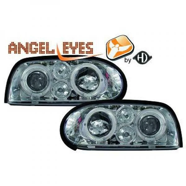 Set fari adatti per Vw Golf III 91-97 vetro trasparente/cromo Angel Eyes - Immagine 1 di 1