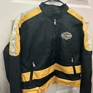 Harley Davidson Womens Biker Jacket L Black & Yellow Waterproof Nylon Zip EUC - Picture 1 of 6