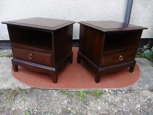PAIR STAG MINSTREL MAHOGANY BEDSIDE CABINETS, SINGLE DRAWER BELOW OPEN STORAGE. - Picture 1 of 14