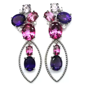Gema Rosa Mystic Topacio, Amatista & Circonita Pendientes 925 Plata Oro Blanco - Imagen 1 de 4