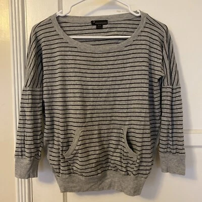 Small/Petite Light Gray Sweater with Black Stripes - Image 1 of 3