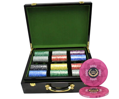 MRC POKER 500pcs LAUREL CROWN CERAMIC POKER CHIPS SET HIGH GLOSS WOOD CASE - Image 1 of 3