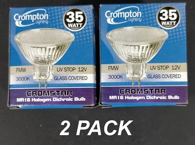 2 x Crompton 12V 35W MR16 Gu5.3 Halogen Light Lamp Globes Bulbs 35 Degree Beam - Image 1 of 2