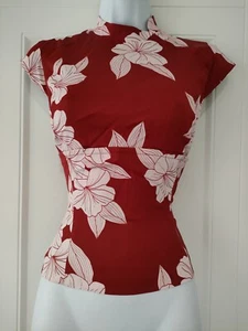 Womens Karen Millen Red White Floral High Neck Side Zip Stretch Oriental Top  10 - Picture 1 of 8