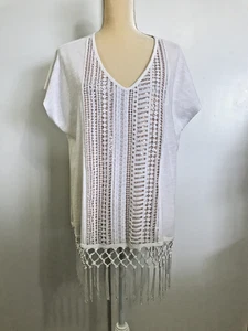 LANE BRYANT Ivory Lace Sequin Fringe Tee Top Size 14/16 NWT Off White Shirt - Picture 1 of 6
