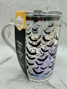 Haunted Halloween Bats Glass Lidded Travel Mug 15oz Iridescent Coffee Tea Cup - Picture 1 of 12