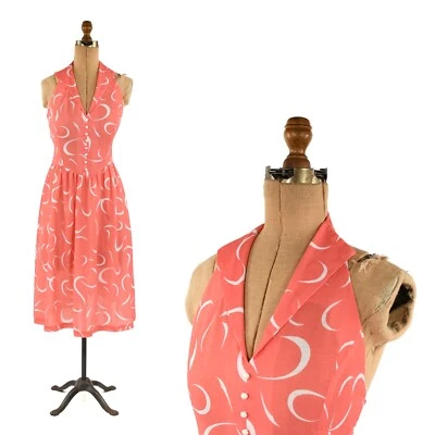 Vestido Vintage Años 80 Rosa + Blanco Sin Mangas Halter Falda Completa Estampado Abstracto L Foto 1 de 4