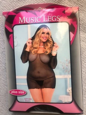 XL черный сексуальный Fishne с капюшоном мини-платье плюс размер боди - Изображение 1 из 3