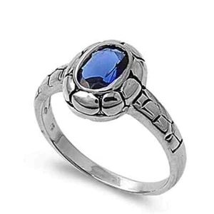 Sterling Silver Rhodium Plated Bali Round With Blue CZ Ring, Size 8 - Picture 1 of 1
