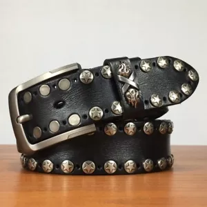 Cinturón de cintura de cuero real remache de metal pesado tachonado unisex Punk Rock cinturón de motociclista - Imagen 1 de 21
