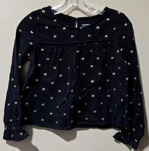 Cat & Jack Girls' Medium 8 Wide Hem Gauze Texture Gold Bow Print LS Black Blouse - Picture 1 of 6