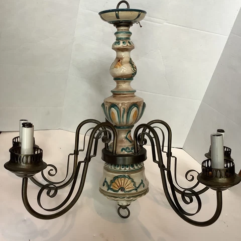 Vintage 24” Wide Italian Pottery 5 Light Hanging Ceiling Chandelier Blue Yellow Cover