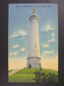 Postal de lino vintage de monumento standish de Duxbury Massachusetts Myles años 30-40 - Imagen 1 de 2
