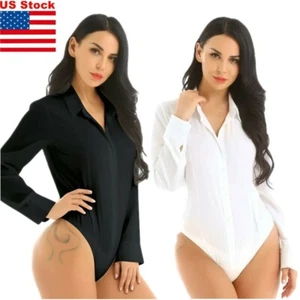 Women One Piece Bodysuit Career Top Blouse Button Down Shirt Turn-down Collar - Picture 1 of 34