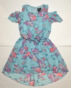 Pink & Violet Girls Dress Off The Shoulder Butterfly Aqua Blue Size 6/6X - Picture 1 of 9