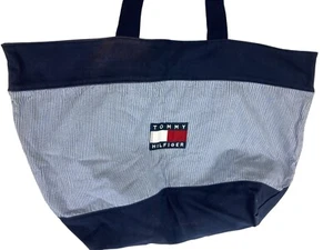 Tommy Hilfiger Vintage Nautical Tote Bag Blue White Striped 100% Cotton Canvas - Picture 1 of 16