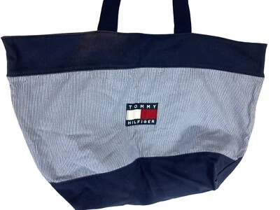 Bolso de Mano Náutico Tommy Hilfiger Vintage Azul Blanco Rayas 100% Lona Algodón Foto 1 de 4