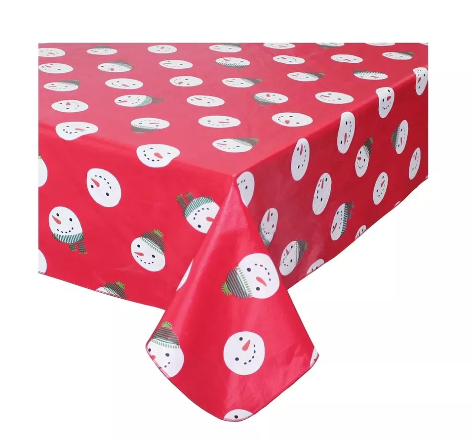 St. Nicholas Square Red Vinyl Snowman Head Dots Tablecloth, 60" x 84" - Image 1 of 3
