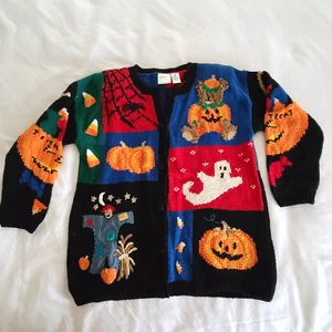 Gantos VTG Cardigan Halloween Sweater Button Down M 90s Ghost Scarecrow Pumpkins - Picture 1 of 18