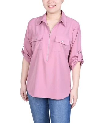 NY Collection Petite 3/4 Roll Tab Sleeve Zip Front Top Women's PL Lilas Solid - Image 1 of 4