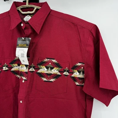Rustler Shirt Mens XL Wine Red Aztec Western Pearl Snap Short Sleeve Wrangler - Image 1 of 4