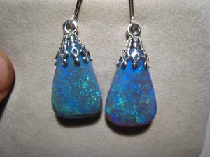 Huge 23 ct. Black Opal Dangle Earrings , Sterling silver . - Picture 1 of 16